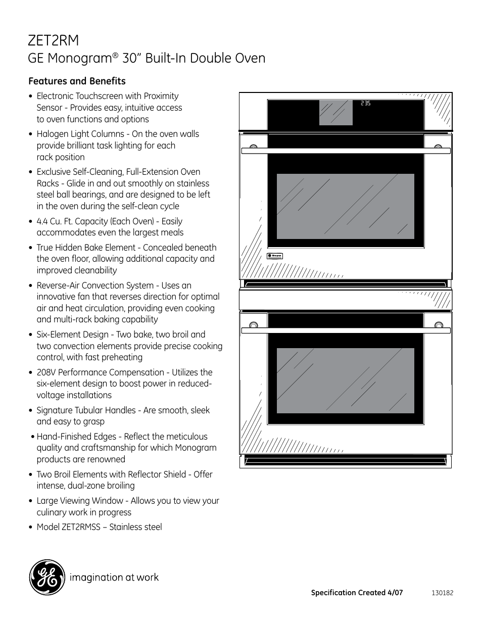 Zet2rm, Ge monogram, 30” built-in double oven | GE Monogram ZET2RM User Manual | Page 2 / 2
