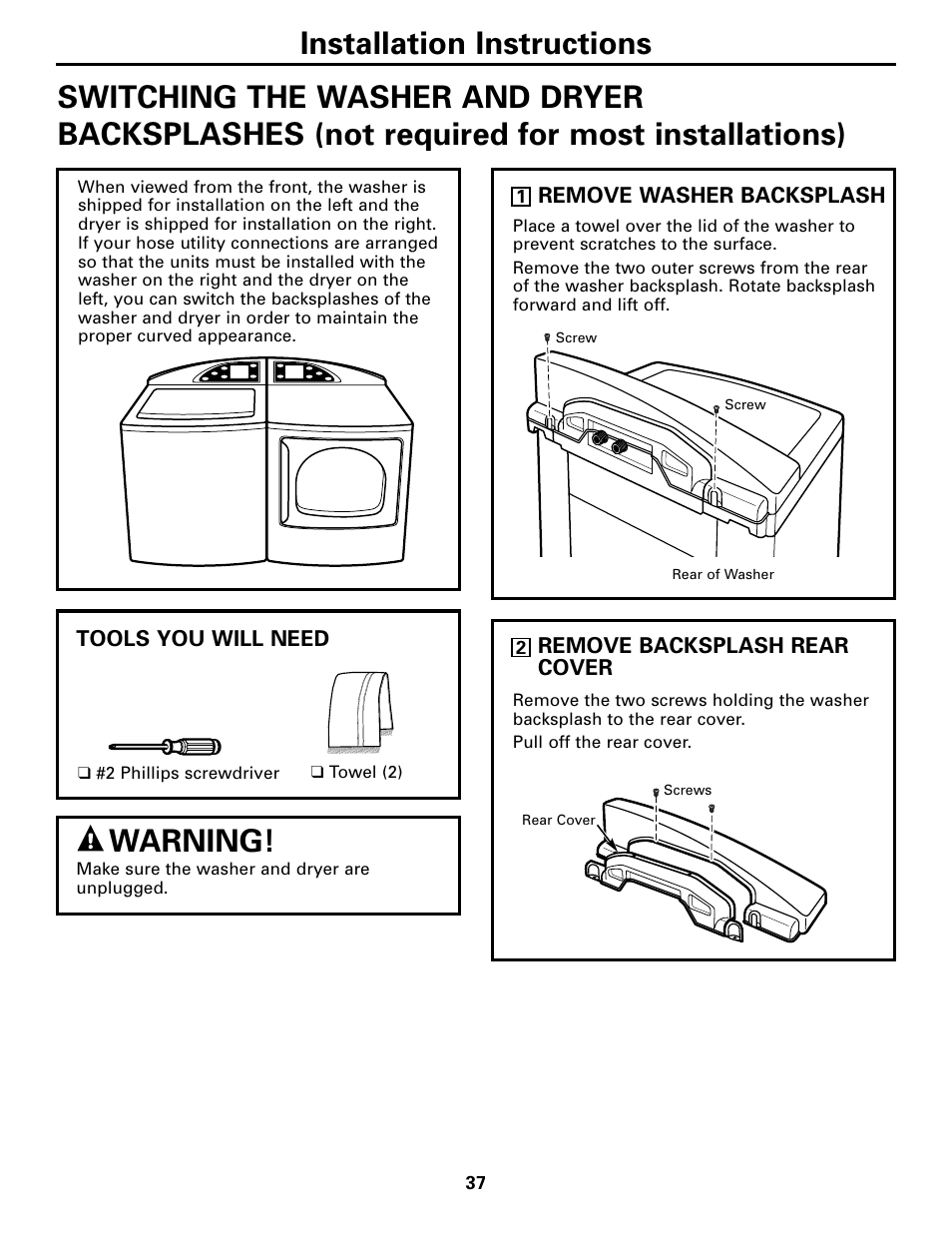 Switching the washer and dryer backsplashes, Switching the washer and dryer backsplashes –40, Warning | GE Monogram GEAPPLIANCES 3828EL2001A 175D1807P416 User Manual | Page 37 / 44