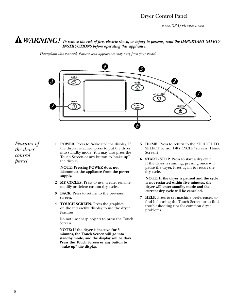 Controls, Warning, Dryer control panel | Features of the dryer control panel | GE Monogram GEAPPLIANCES 3828EL2001A 175D1807P416 User Manual | Page 6 / 44