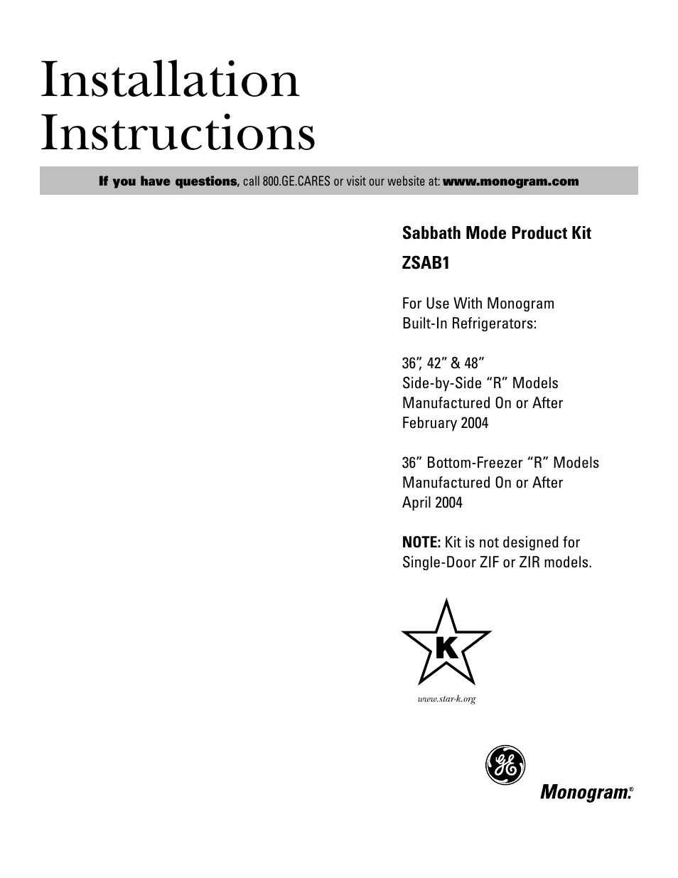 GE Monogram ZSAB1 User Manual | 12 pages