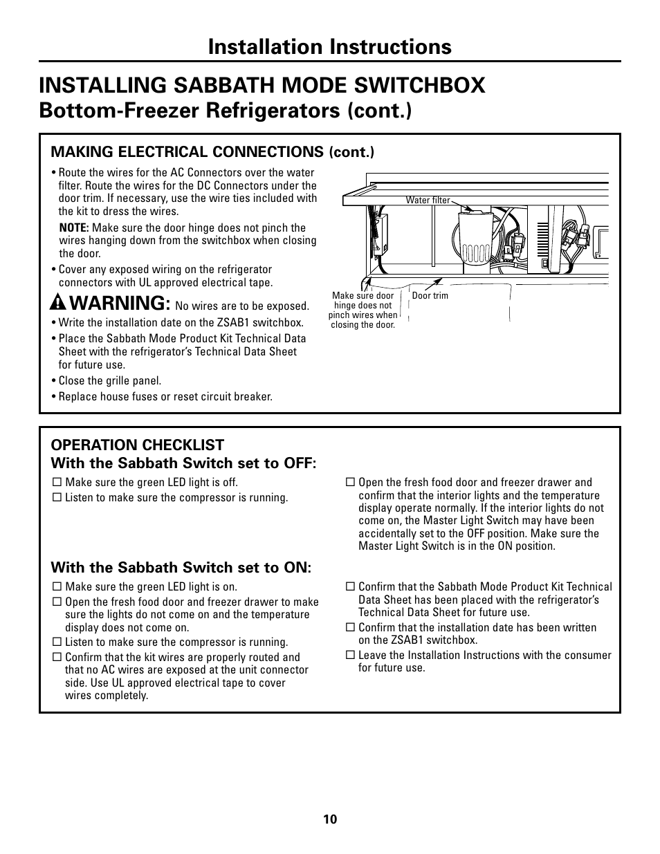 Operation checklist, Installation instructions, Warning | GE Monogram ZSAB1 User Manual | Page 10 / 12