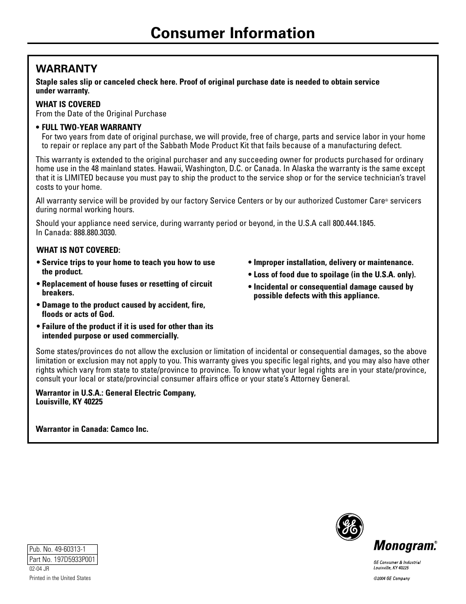 Warranty, Consumer information | GE Monogram ZSAB1 User Manual | Page 12 / 12