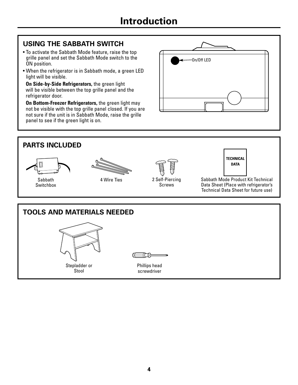 Using the sabbath switch, Parts included, Tools and materials needed | Introduction | GE Monogram ZSAB1 User Manual | Page 4 / 12