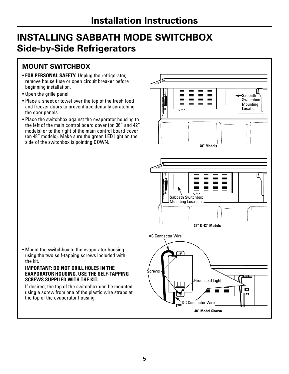 Mount switchbox, Installation instructions | GE Monogram ZSAB1 User Manual | Page 5 / 12