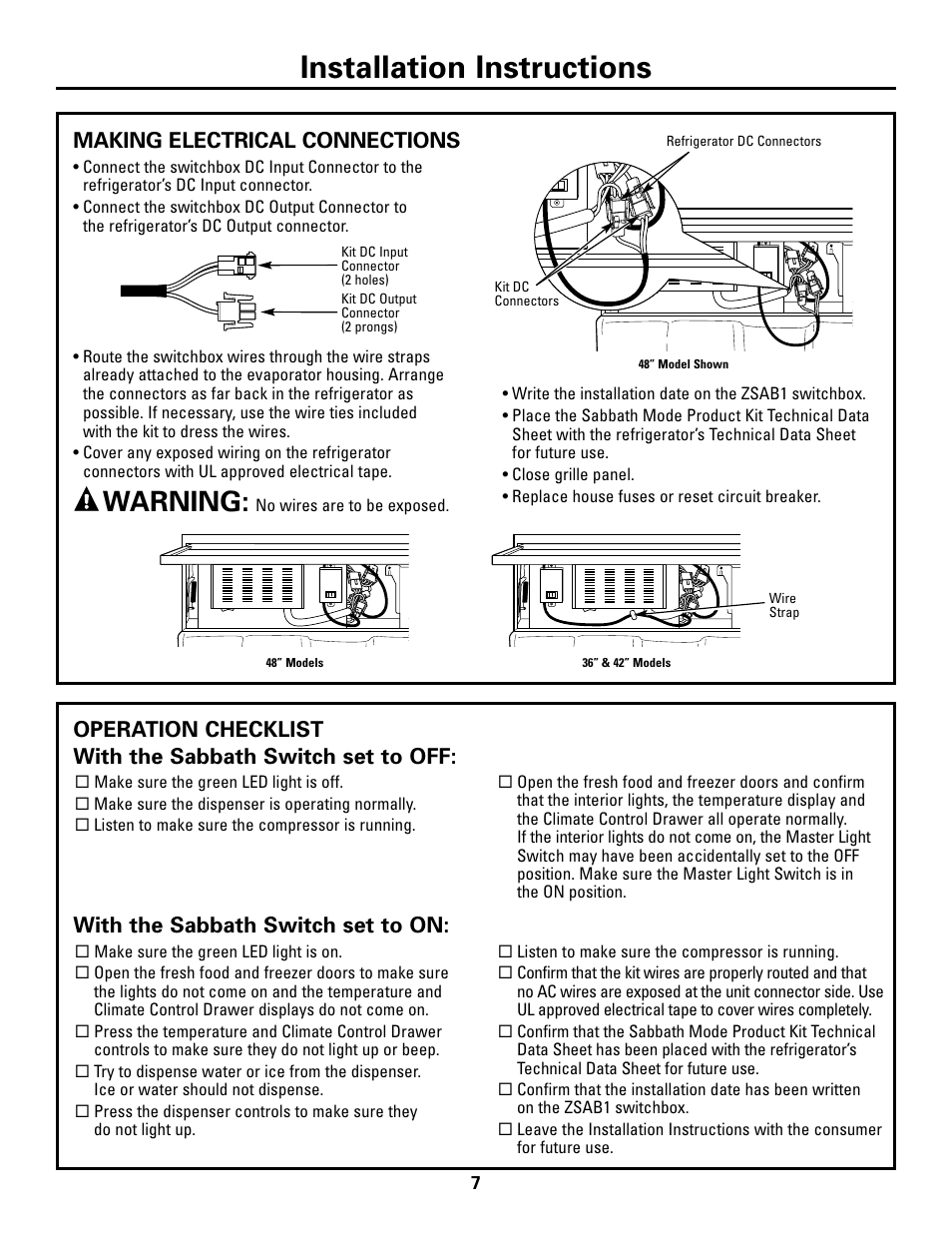 Operation checklist, Installation instructions, Warning | GE Monogram ZSAB1 User Manual | Page 7 / 12