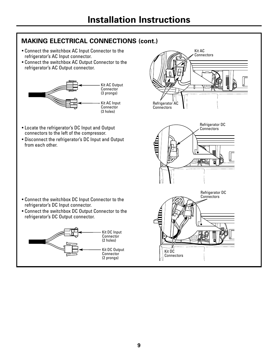 Installation instructions, Making electrical connections (cont.) | GE Monogram ZSAB1 User Manual | Page 9 / 12