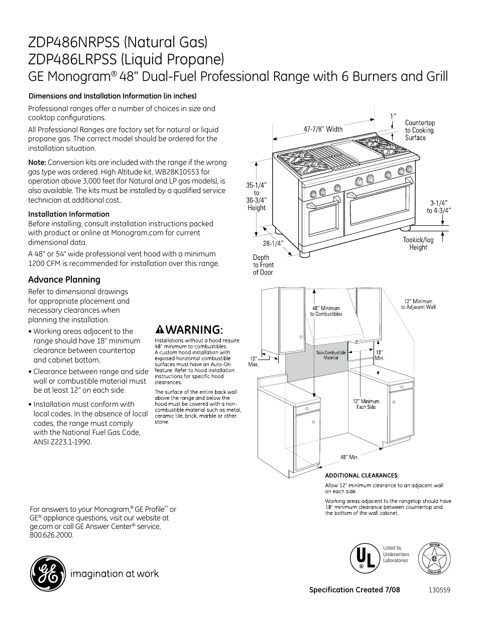 GE Monogram ZDP486NRPSS User Manual | 3 pages