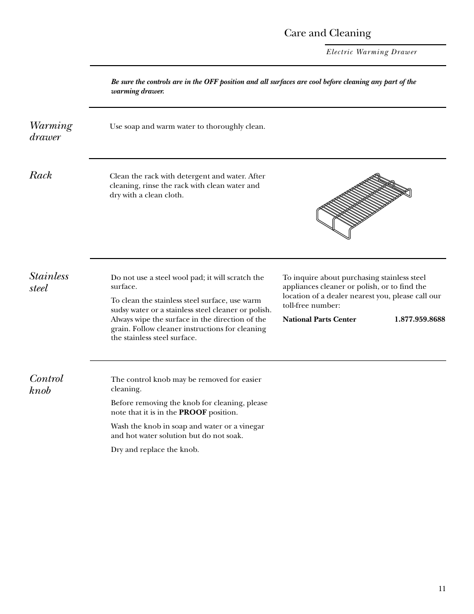 Warming drawer, Rack, Stainless steel | Control knob, Warming drawer rack stainless steel control knob, Care and cleaning | GE Monogram ZTD910 User Manual | Page 11 / 16