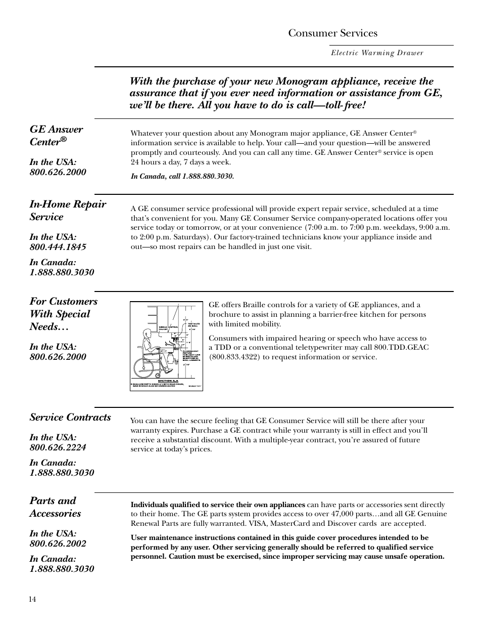 Important phone numbers, Consumer services, In-home repair service | Service contracts, Parts and accessories, For customers with special needs | GE Monogram ZTD910 User Manual | Page 14 / 16