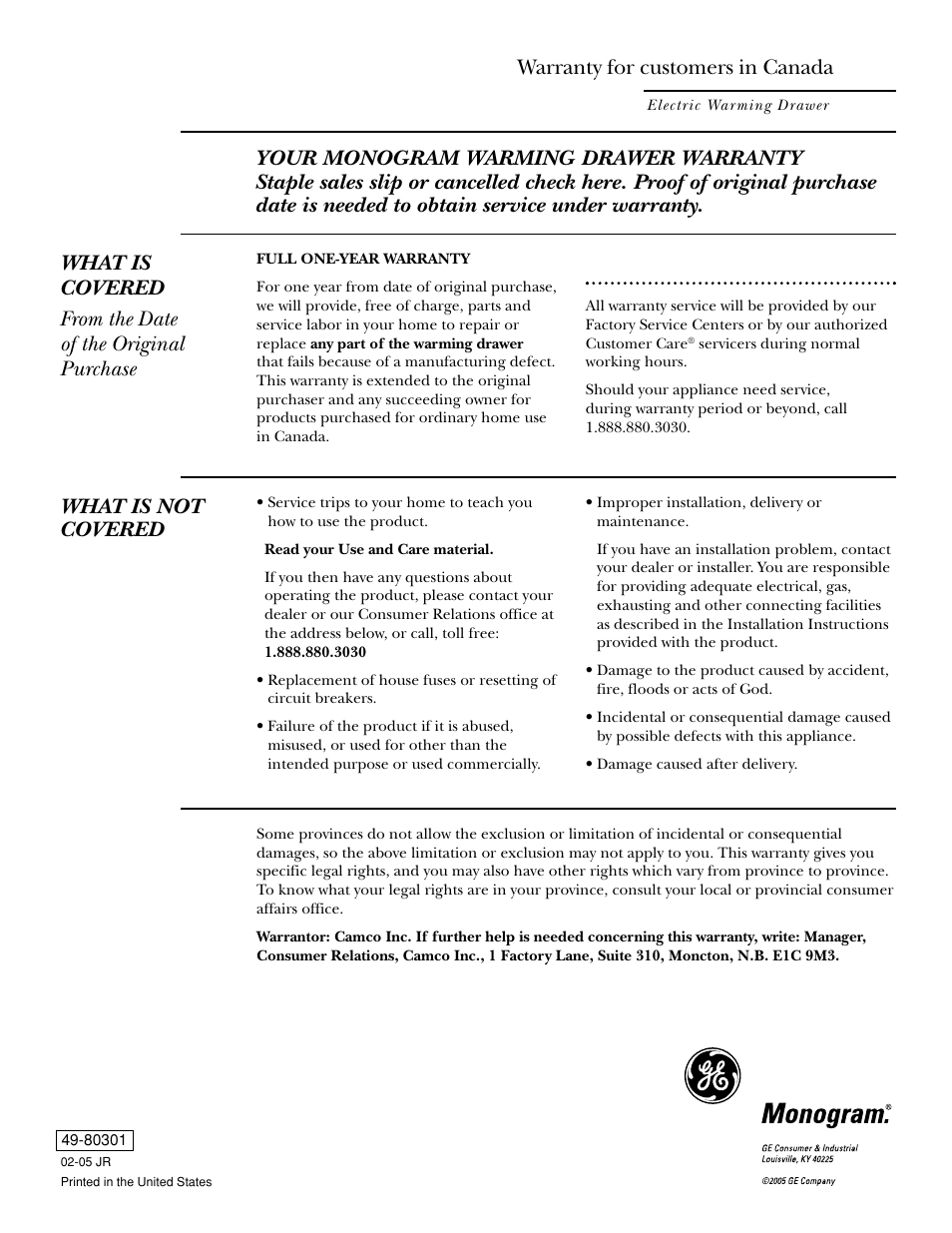 What is not covered, Warranty for customers in canada | GE Monogram ZTD910 User Manual | Page 16 / 16