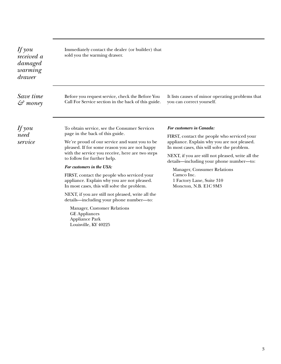 If you received a damaged warming drawer, Save time & money, If you need service | GE Monogram ZTD910 User Manual | Page 3 / 16