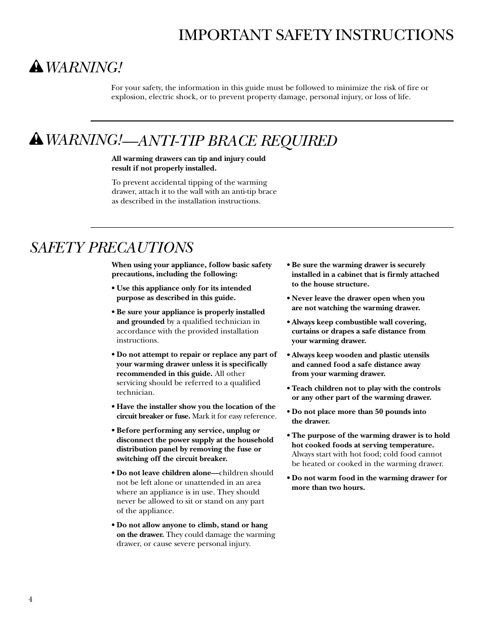 Safety instructions, Safety instructions , 5, Important safety instructions safety precautions | W warning!—anti-tip brace required, W warning | GE Monogram ZTD910 User Manual | Page 4 / 16