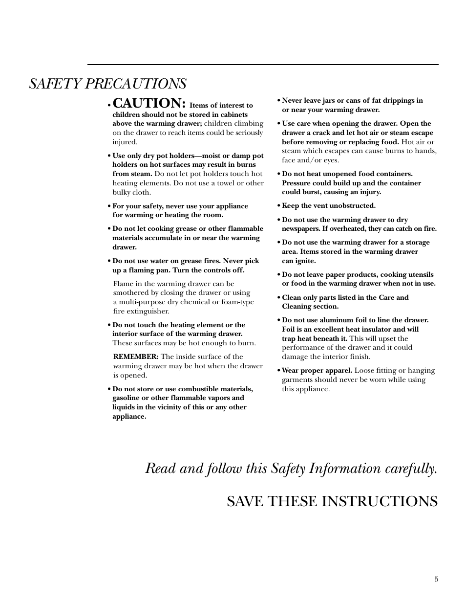 Safety precautions, Caution | GE Monogram ZTD910 User Manual | Page 5 / 16