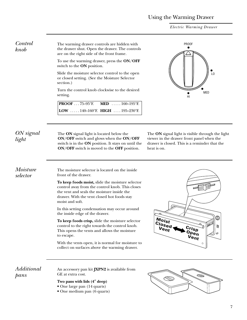 Moisture selector, Using the warming drawer, On signal light | Control knob, Additional pans | GE Monogram ZTD910 User Manual | Page 7 / 16