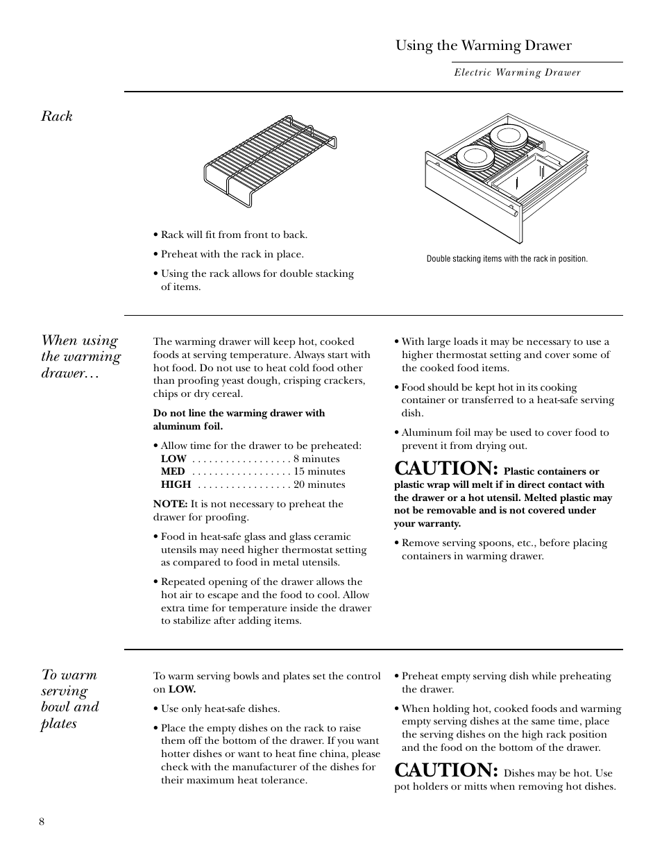 Rack, Caution, Using the warming drawer | When using the warming drawer | GE Monogram ZTD910 User Manual | Page 8 / 16