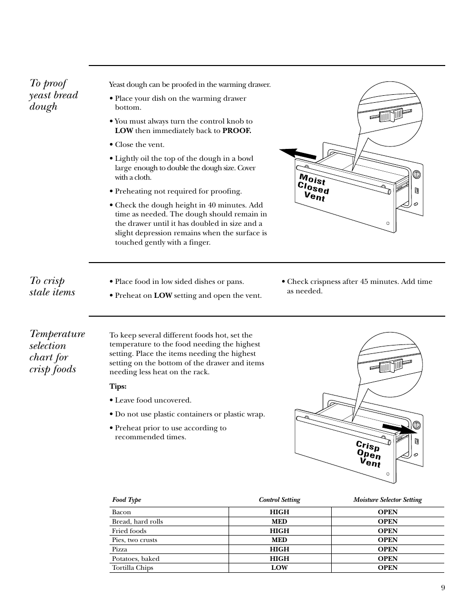 Proofing, Crisping, Proofing crisping | Temperature selection chart for crisp foods | GE Monogram ZTD910 User Manual | Page 9 / 16