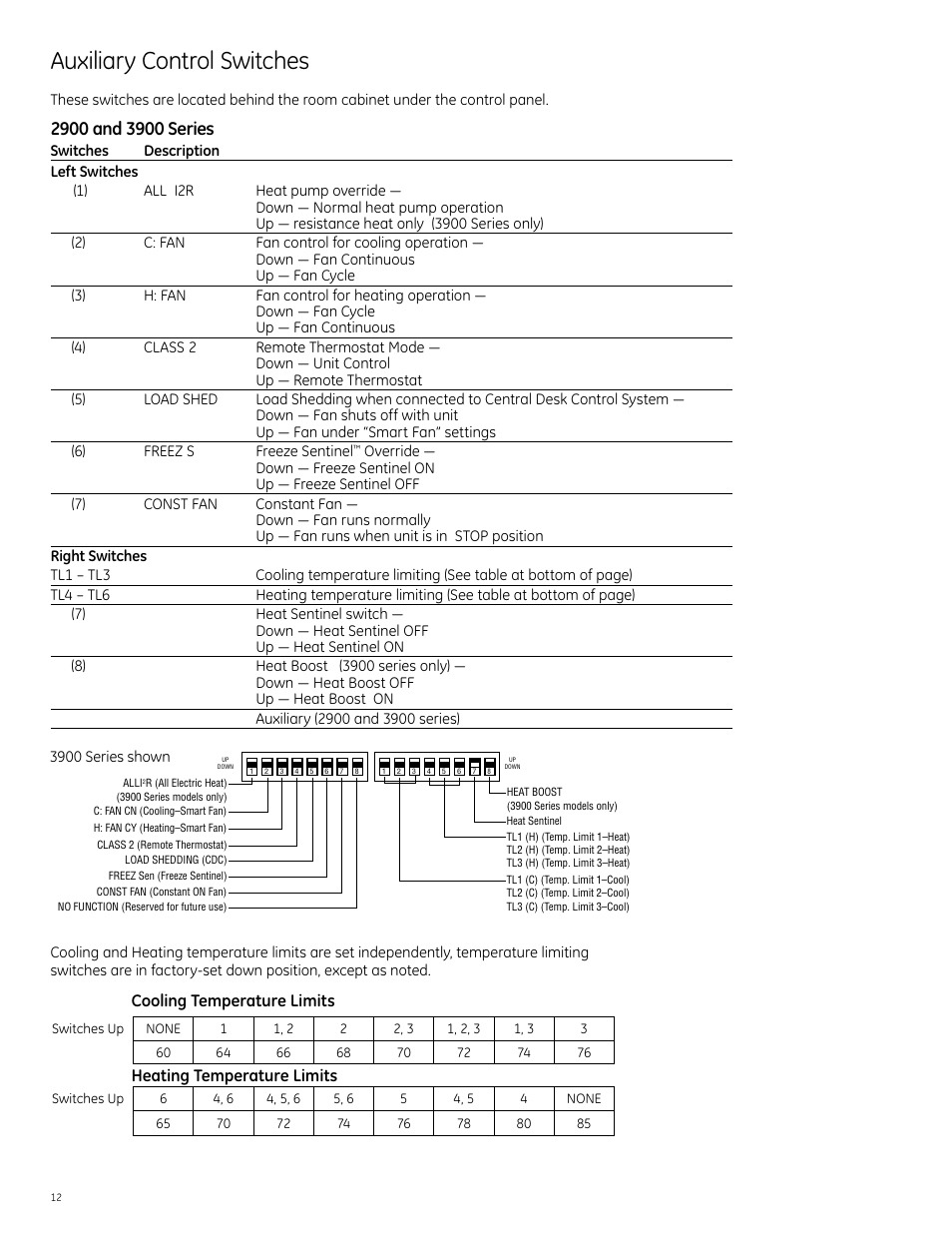 Auxiliary control switches, Cooling temperature limits, Heating temperature limits | GE Monogram 5800 Series User Manual | Page 12 / 60
