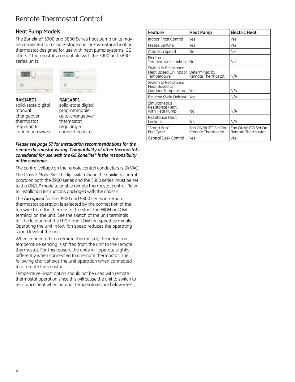 Remote thermostat control, Heat pump models | GE Monogram 5800 Series User Manual | Page 16 / 60