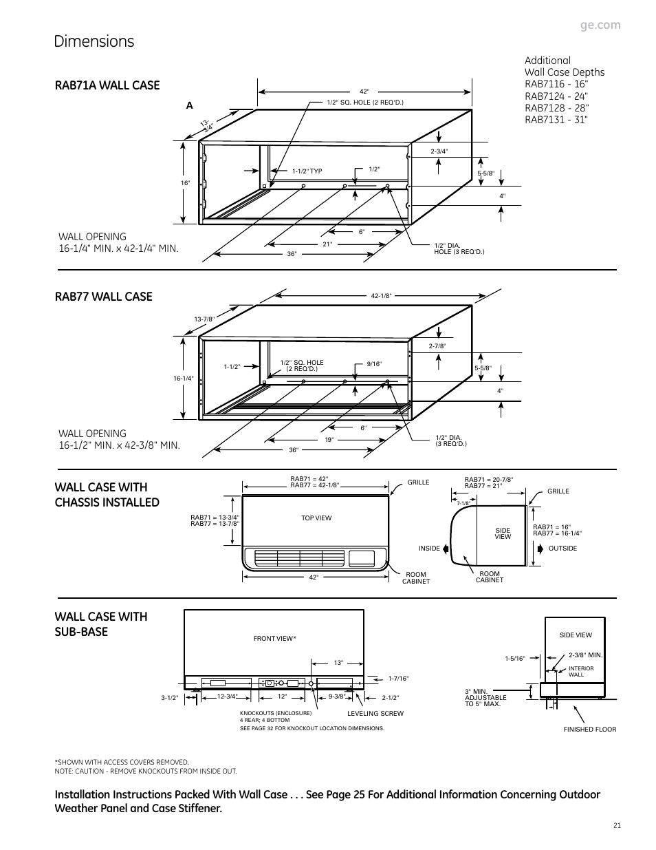 Dimensions, Rab71a wall case, Rab77 wall case | GE Monogram 5800 Series User Manual | Page 21 / 60