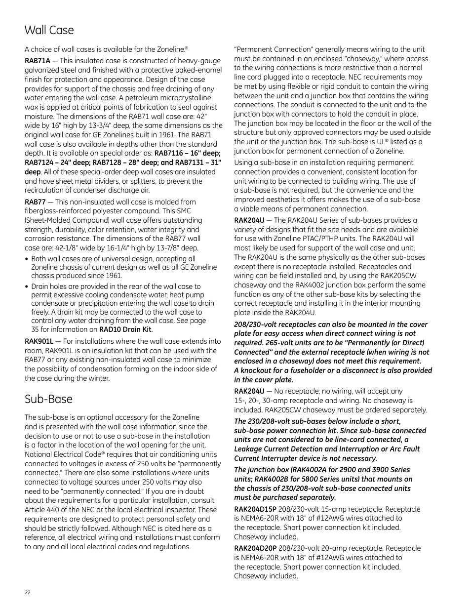 Wall case, Sub-base | GE Monogram 5800 Series User Manual | Page 22 / 60