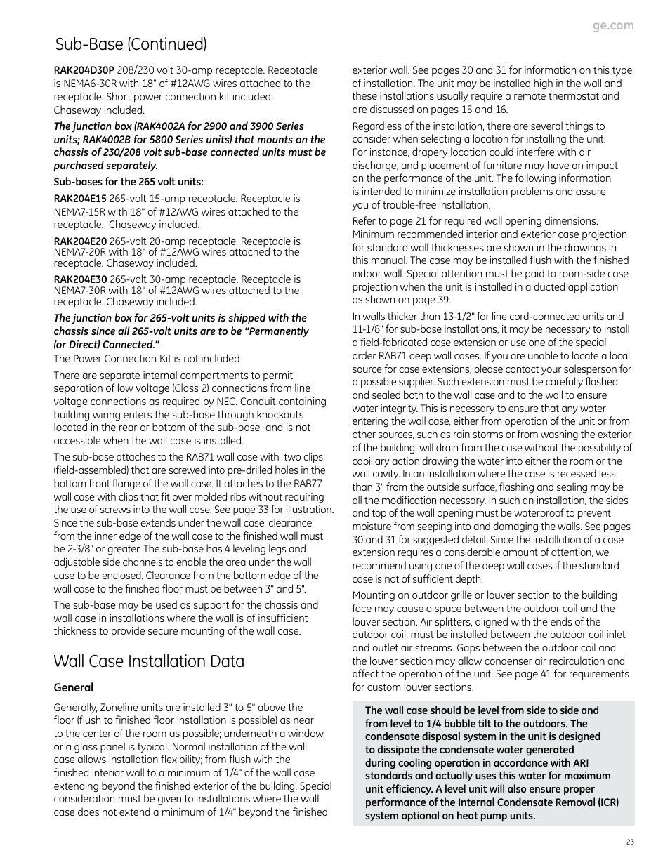 Sub-base (continued), Wall case installation data | GE Monogram 5800 Series User Manual | Page 23 / 60