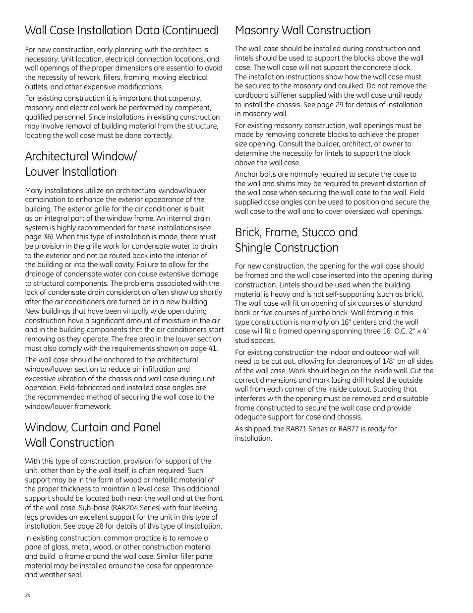 Wall case installation data (continued), Architectural window/ louver installation, Window, curtain and panel wall construction | Masonry wall construction, Brick, frame, stucco and shingle construction | GE Monogram 5800 Series User Manual | Page 24 / 60