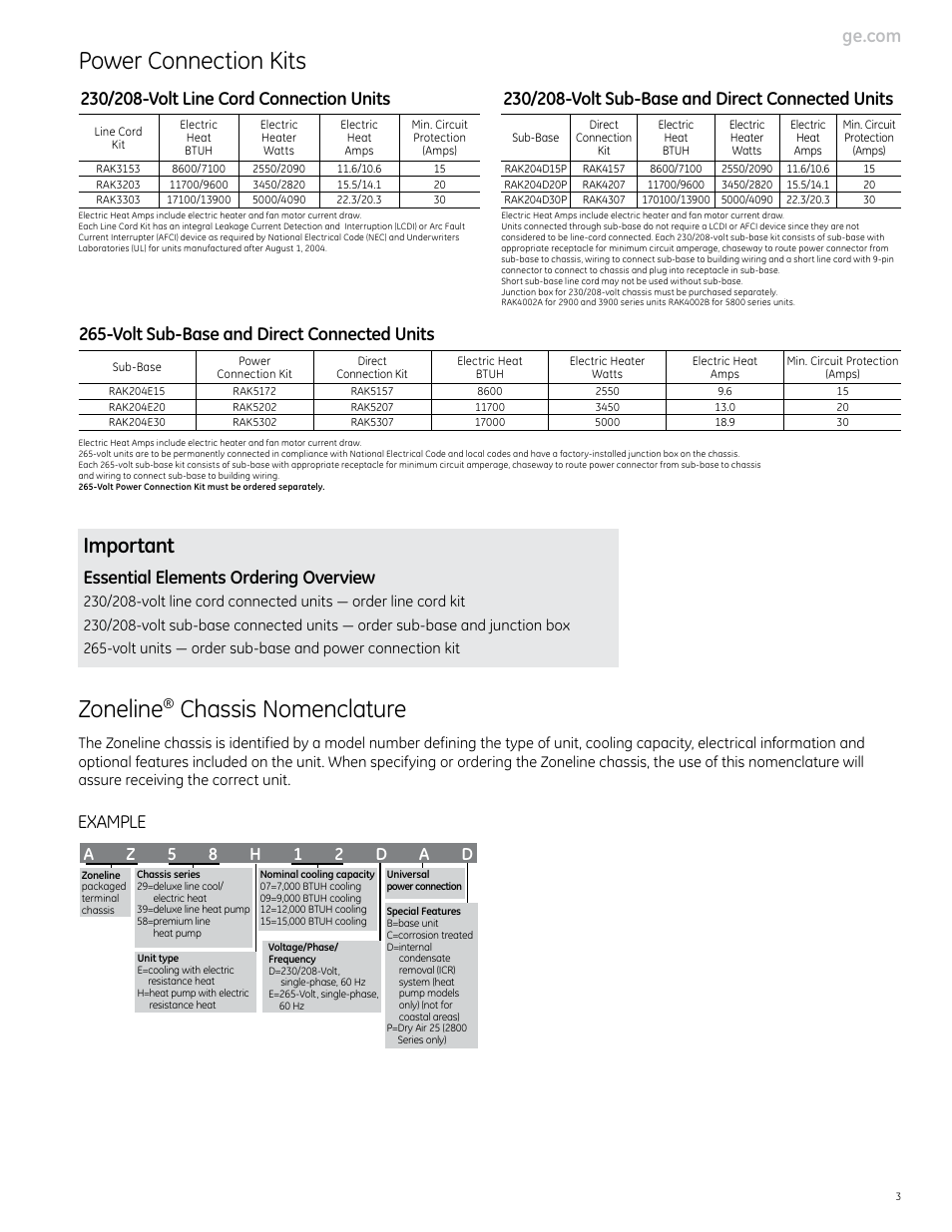 Power connection kits zoneline, Chassis nomenclature, Important | Volt sub-base and direct connected units, Essential elements ordering overview, Example, Az 5 8 h 1 2 d a d | GE Monogram 5800 Series User Manual | Page 3 / 60
