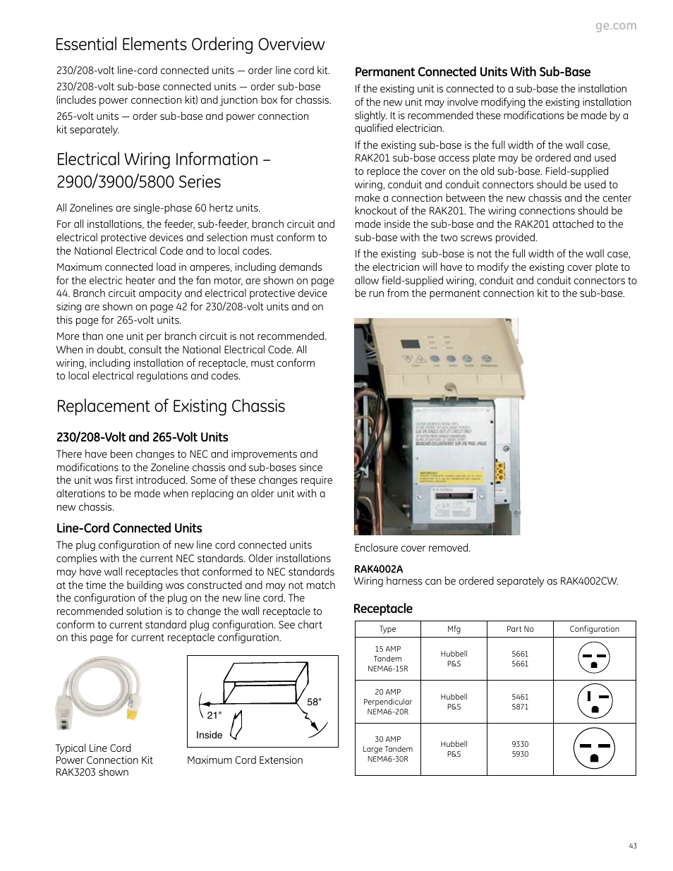 Essential elements ordering overview, Replacement of existing chassis, Line-cord connected units | Permanent connected units with sub-base, Receptacle | GE Monogram 5800 Series User Manual | Page 43 / 60
