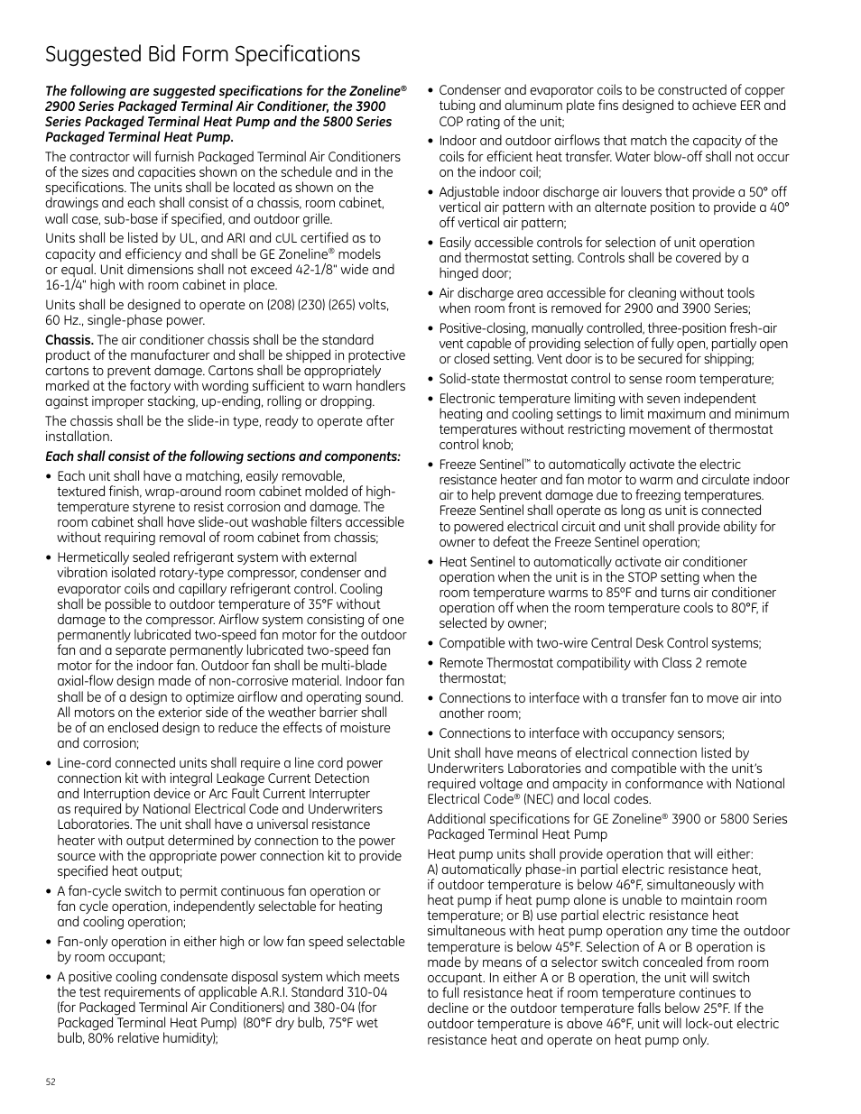 Suggested bid form specifications | GE Monogram 5800 Series User Manual | Page 52 / 60