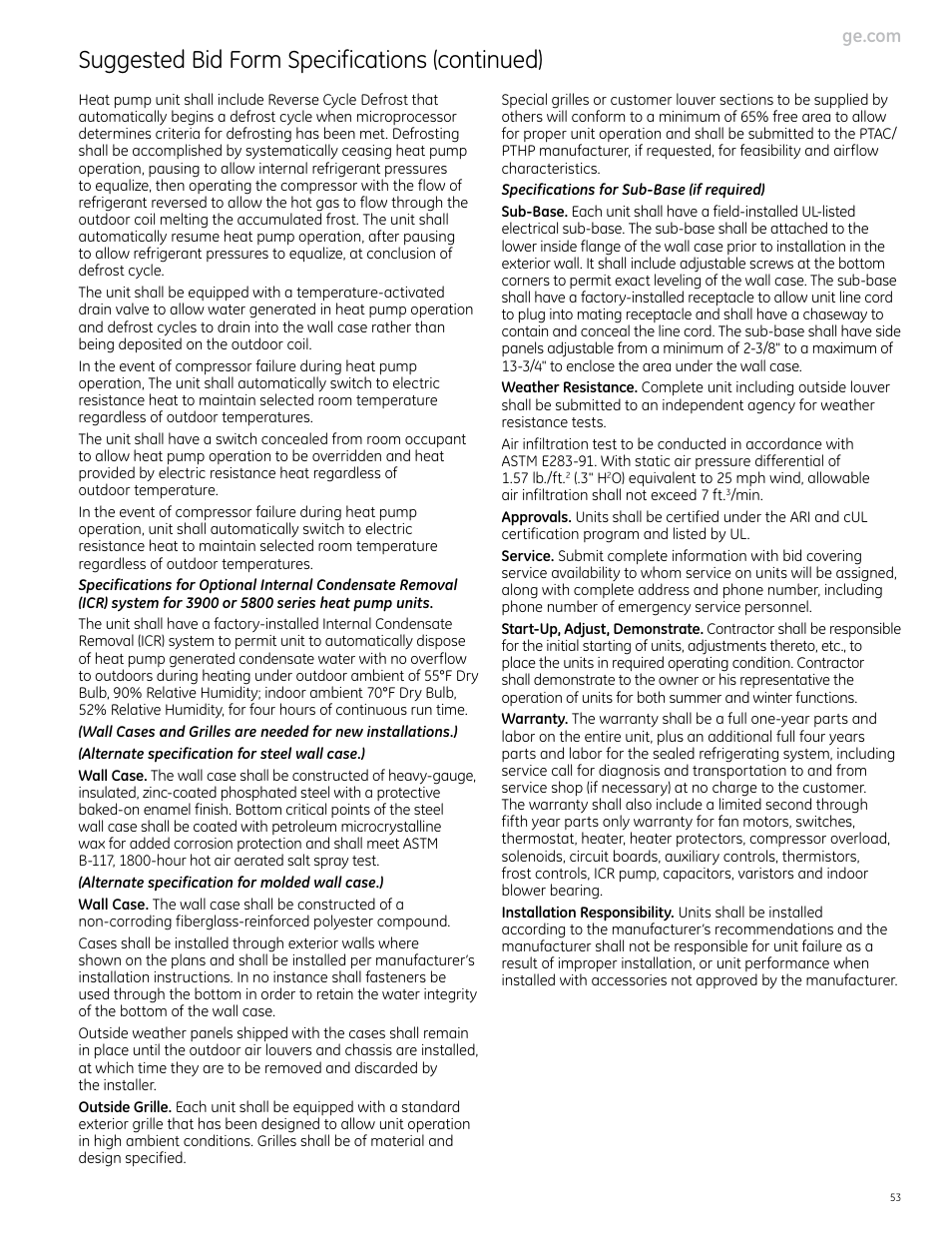 Suggested bid form specifications (continued) | GE Monogram 5800 Series User Manual | Page 53 / 60