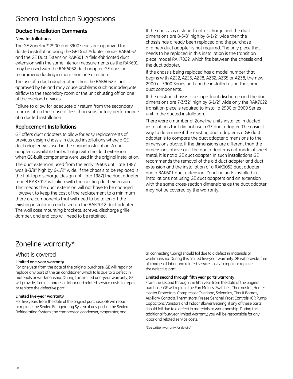 General installation suggestions, Zoneline warranty, What is covered | GE Monogram 5800 Series User Manual | Page 58 / 60