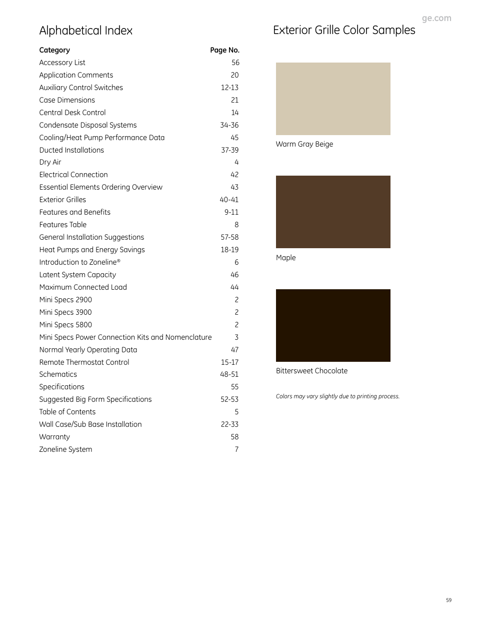 Alphabetical index, Exterior grille color samples | GE Monogram 5800 Series User Manual | Page 59 / 60