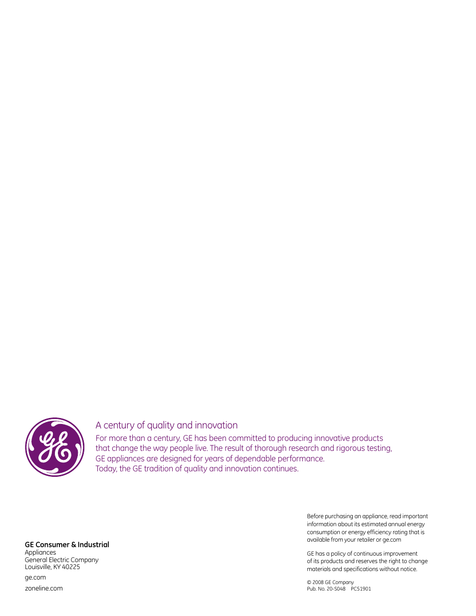 A century of quality and innovation | GE Monogram 5800 Series User Manual | Page 60 / 60