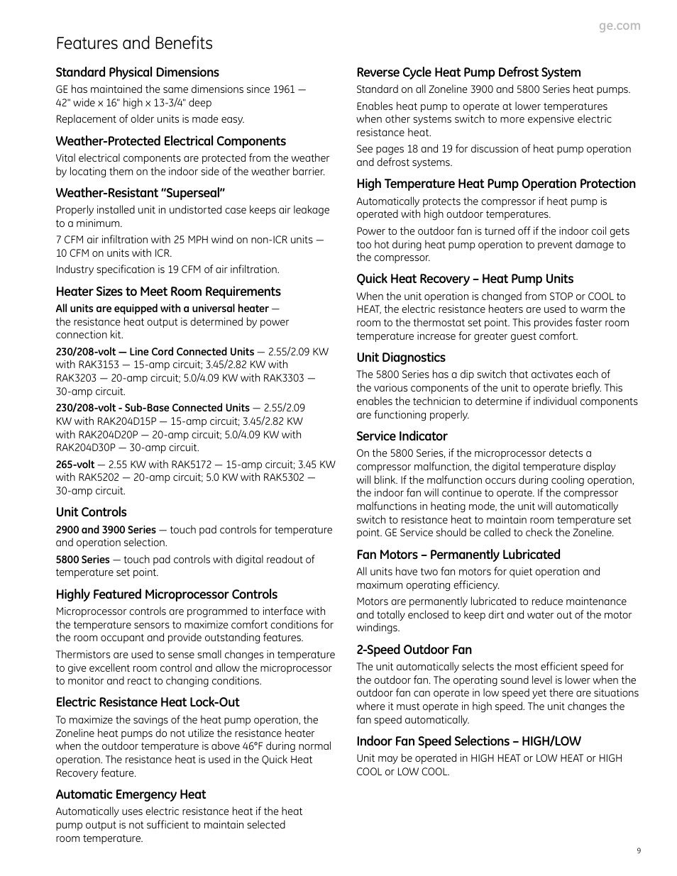 Features and benefits | GE Monogram 5800 Series User Manual | Page 9 / 60