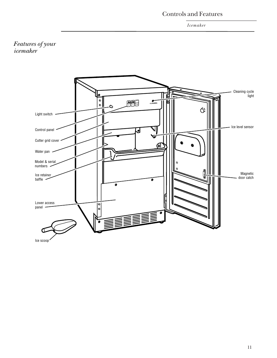 Controls and features, Features of your icemaker | GE Monogram ZDIS15 User Manual | Page 11 / 46