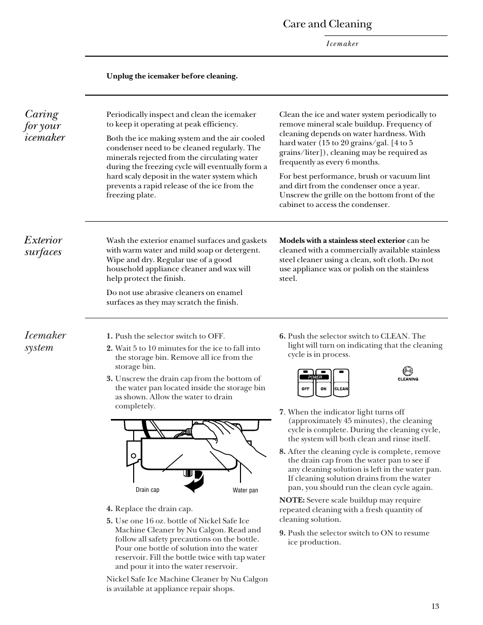 Care and cleaning, Care and cleaning -16, Icemaker system | Caring for your icemaker, Exterior surfaces | GE Monogram ZDIS15 User Manual | Page 13 / 46