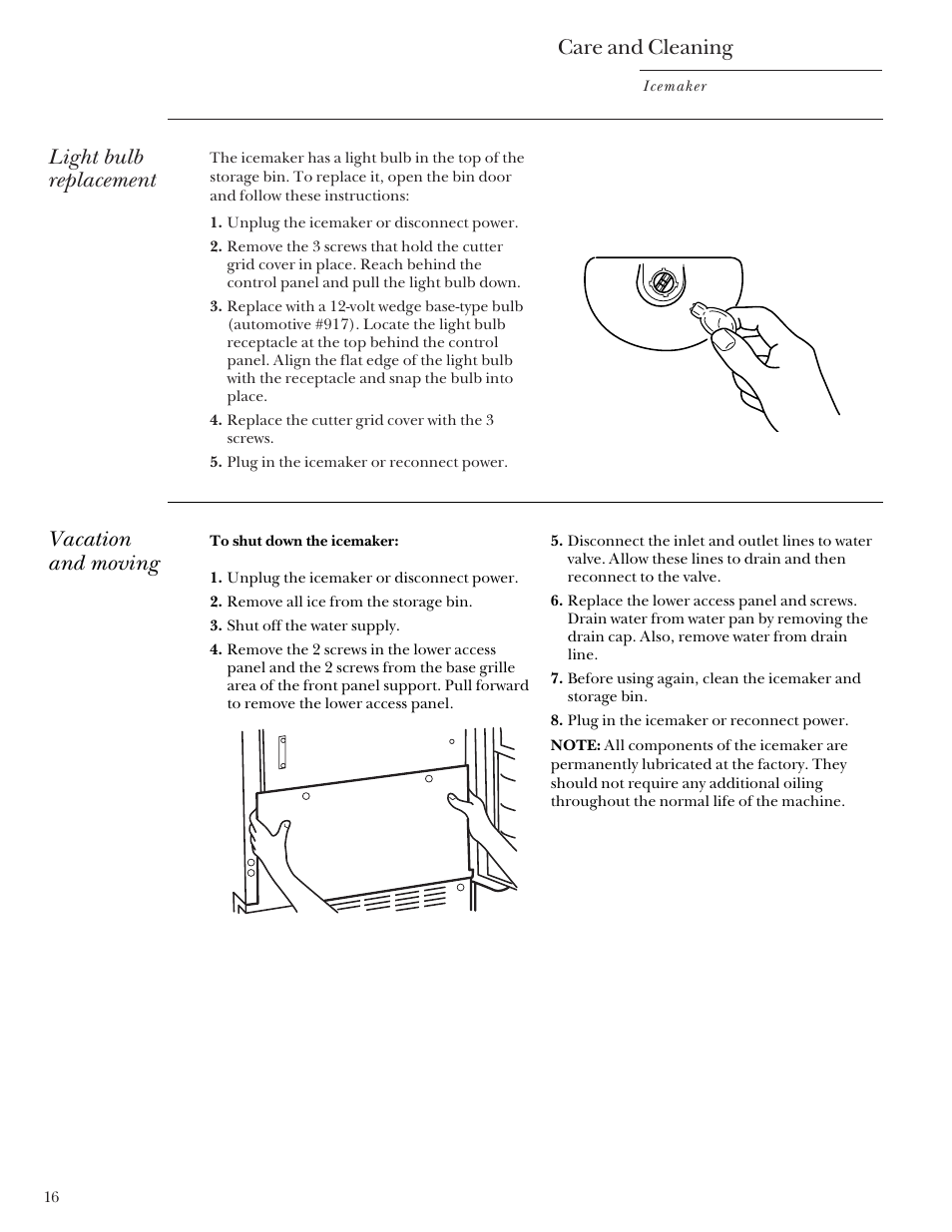 Care and cleaning, Light bulb replacement, Vacation and moving | GE Monogram ZDIS15 User Manual | Page 16 / 46