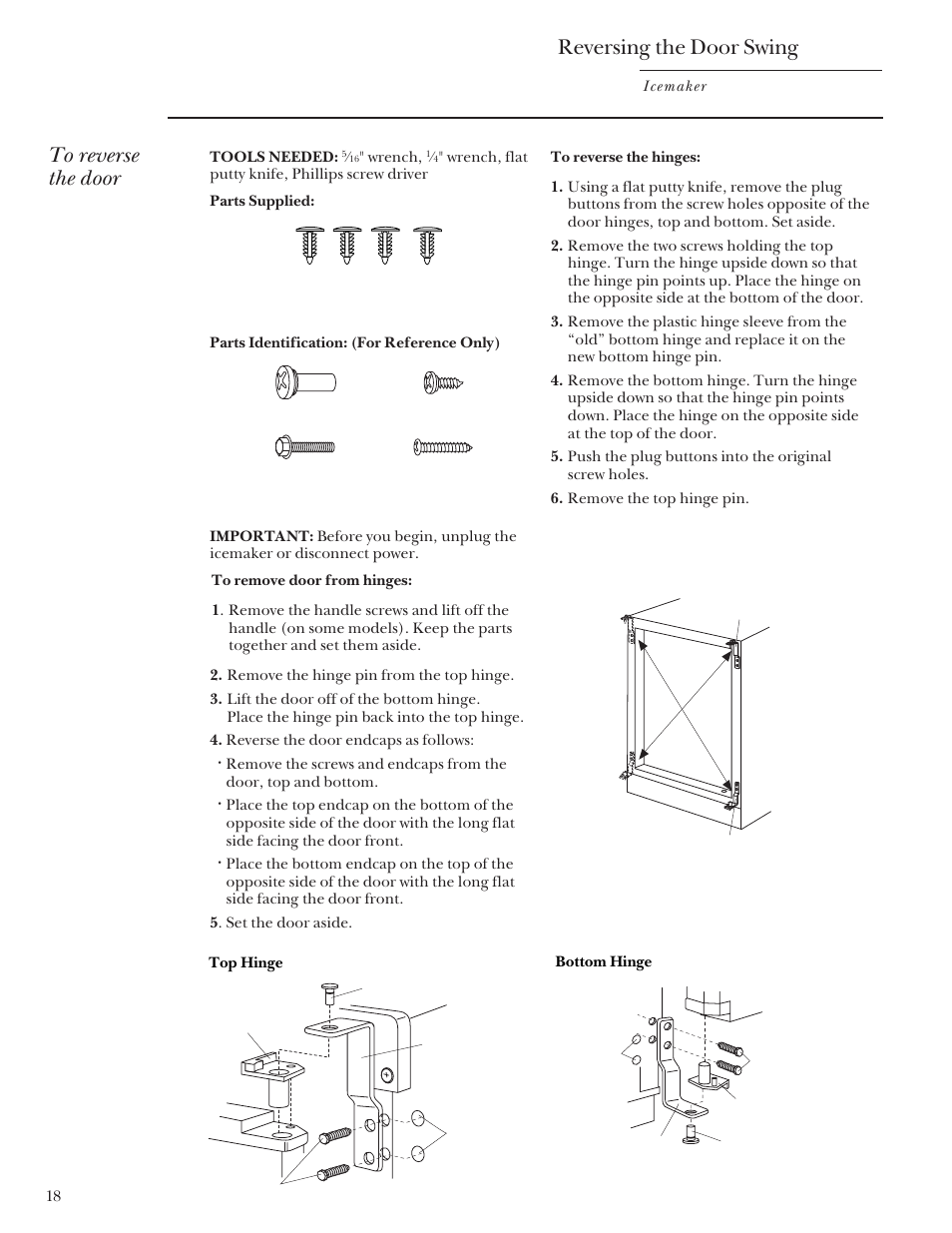 Reversing the door swing, Reversing the door swing -19 | GE Monogram ZDIS15 User Manual | Page 18 / 46