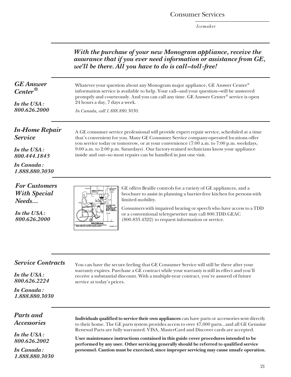 Consumer services, Important phone numbers | GE Monogram ZDIS15 User Manual | Page 21 / 46