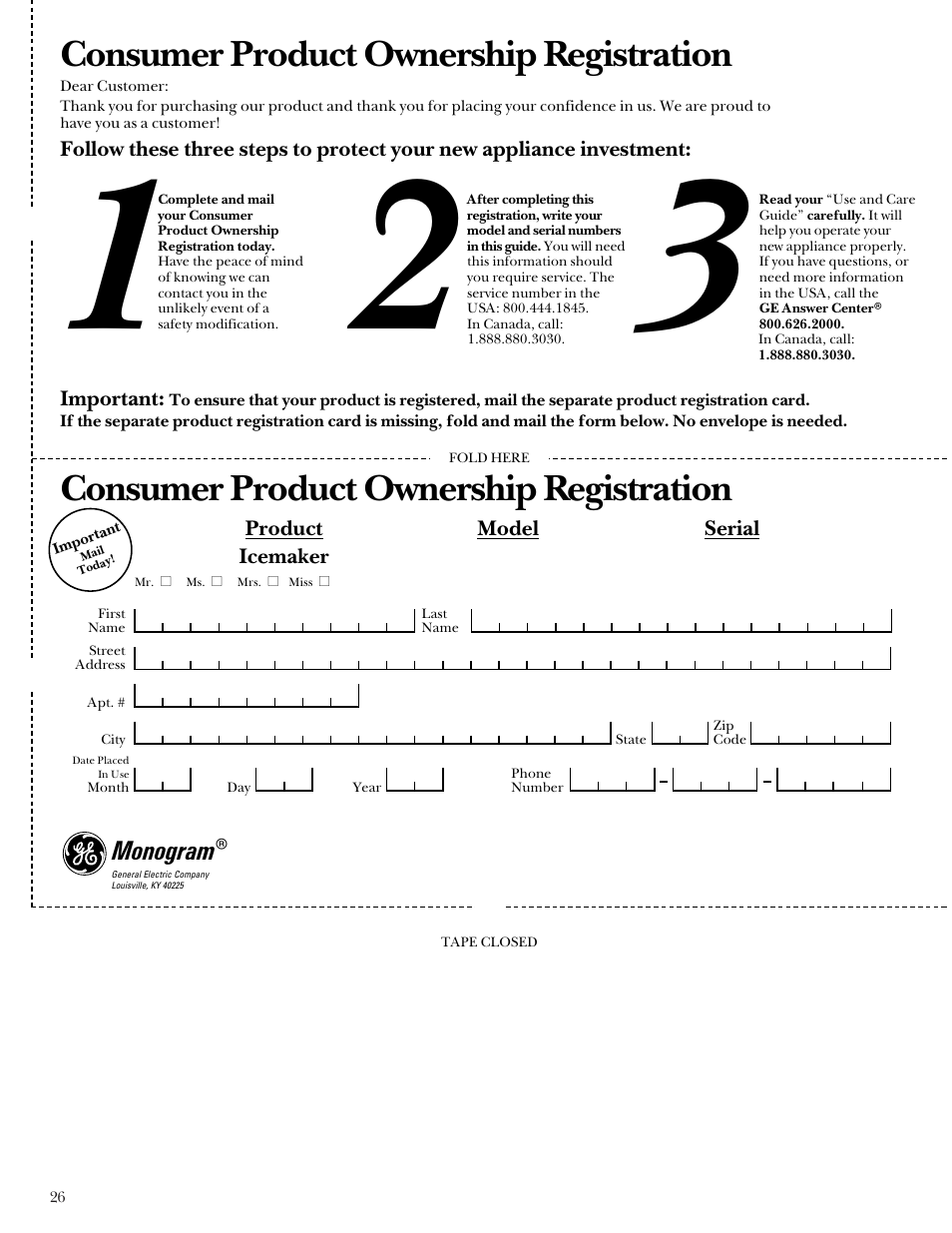 Product registration, Product registration , 26, Consumer product ownership registration | GE Monogram ZDIS15 User Manual | Page 26 / 46