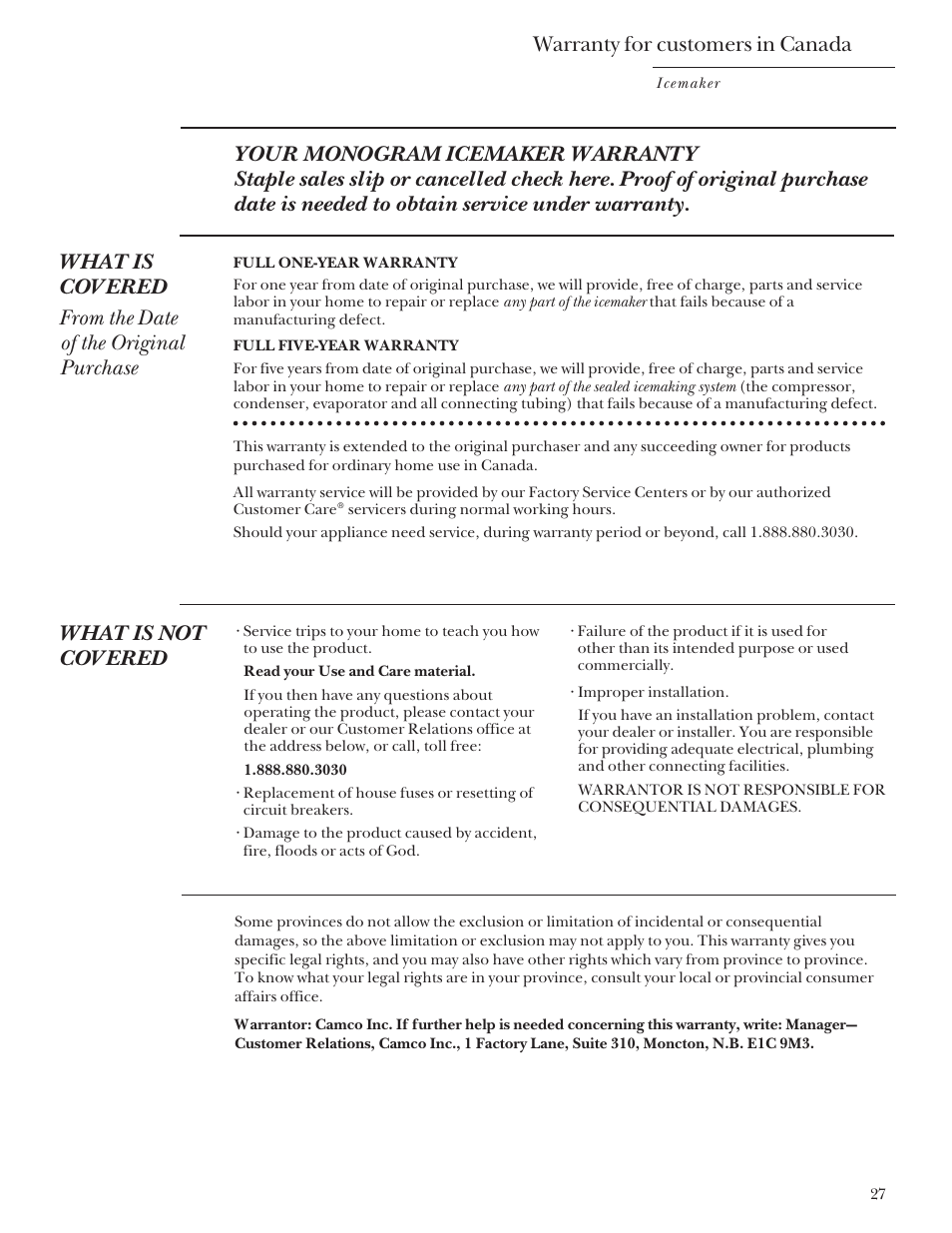 Warranty for customers in canada, What is not covered | GE Monogram ZDIS15 User Manual | Page 27 / 46