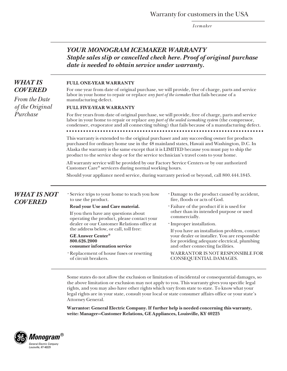 Warranty for customers in the usa, Warranty for customers in the usa . .back cover, Monogram | What is not covered | GE Monogram ZDIS15 User Manual | Page 28 / 46
