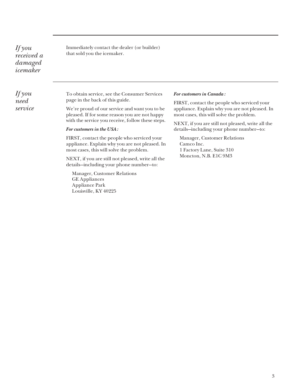 Repair service, If you received a damaged icemaker, If you need service | GE Monogram ZDIS15 User Manual | Page 3 / 46