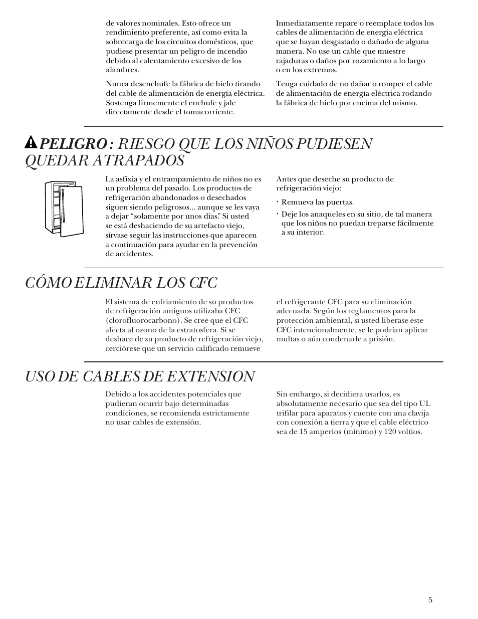 Cómo eliminar los cfc, Uso de cables de extension | GE Monogram ZDIS15 User Manual | Page 33 / 46