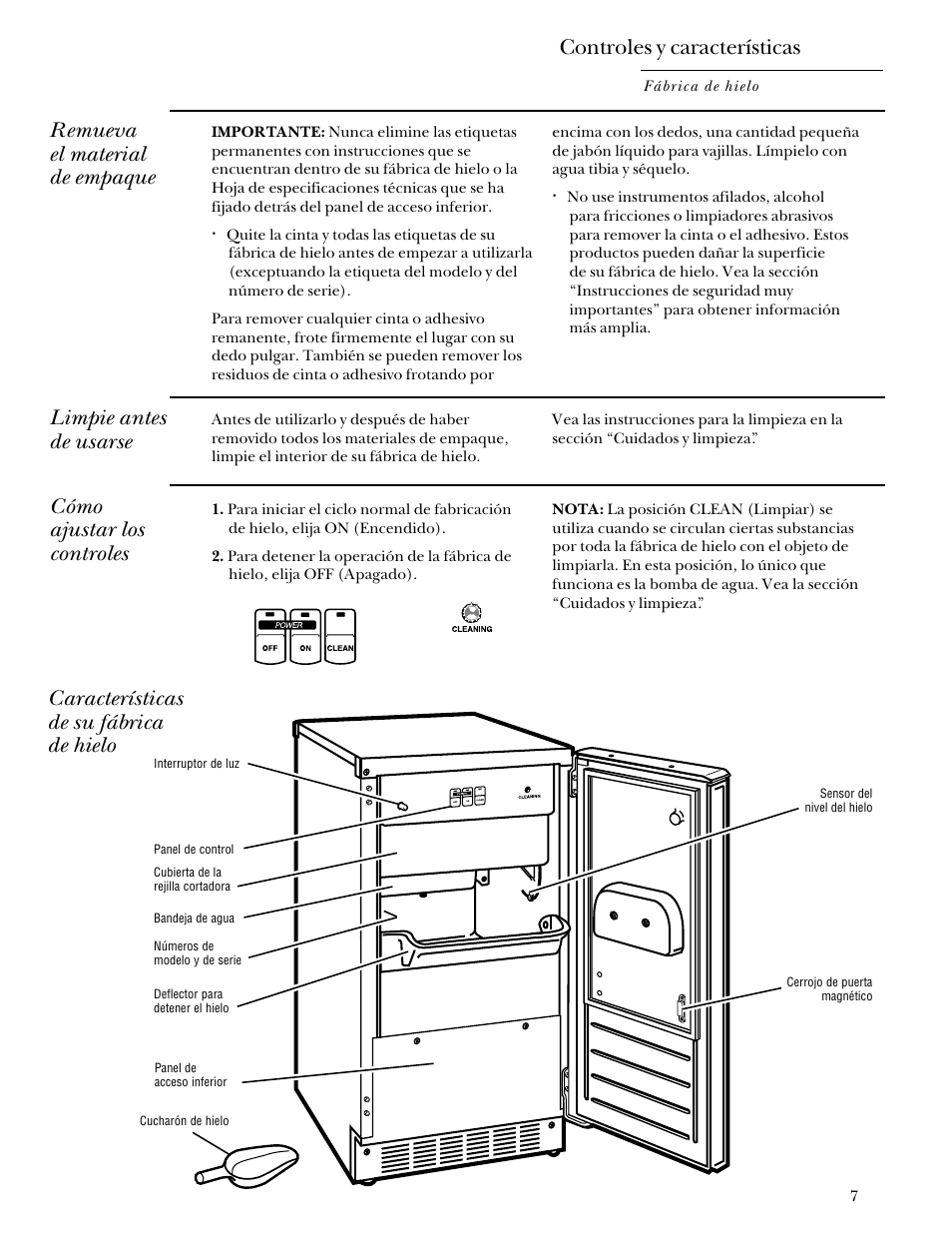Controles y características, Remueva el material de empaque, Cómo ajustar los controles | Limpie antes de usarse, Características de su fábrica de hielo | GE Monogram ZDIS15 User Manual | Page 35 / 46