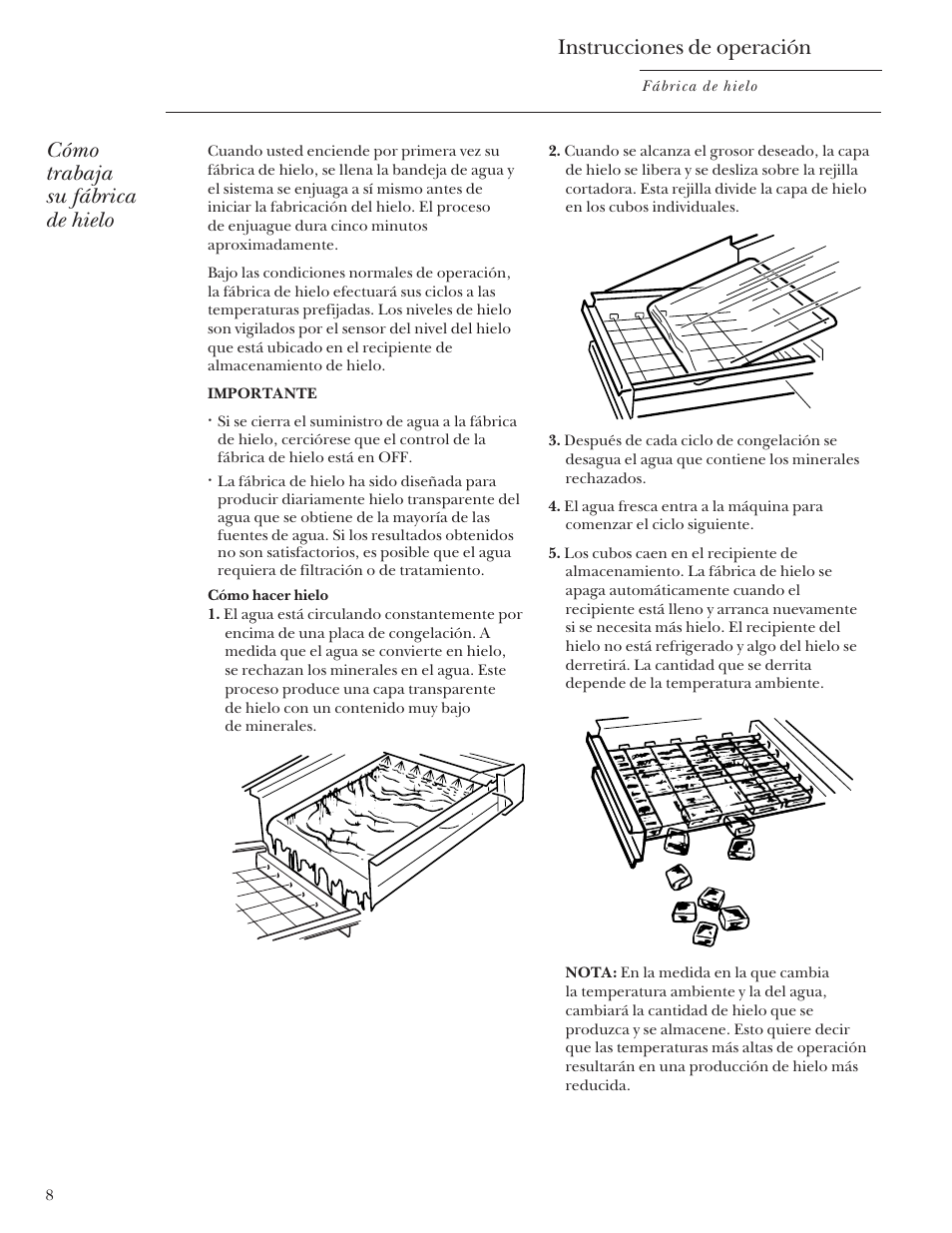 Instrucciones de operación, Cómo trabaja su fábrica de hielo | GE Monogram ZDIS15 User Manual | Page 36 / 46