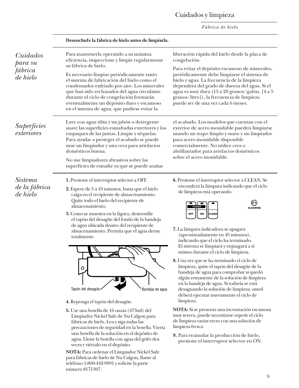 Cuidados y limpieza, Cuidados y limpieza -12, Cuidados para su fábrica de hielo | Superficies exteriores, Sistema de la fábrica de hielo | GE Monogram ZDIS15 User Manual | Page 37 / 46