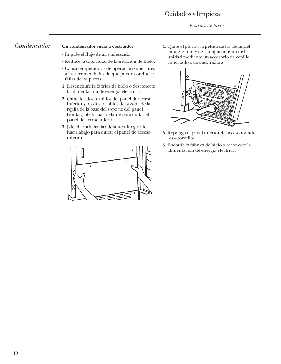 Cuidados y limpieza, Condensador | GE Monogram ZDIS15 User Manual | Page 38 / 46