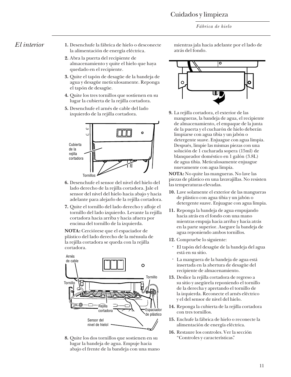 El interior, Cuidados y limpieza | GE Monogram ZDIS15 User Manual | Page 39 / 46