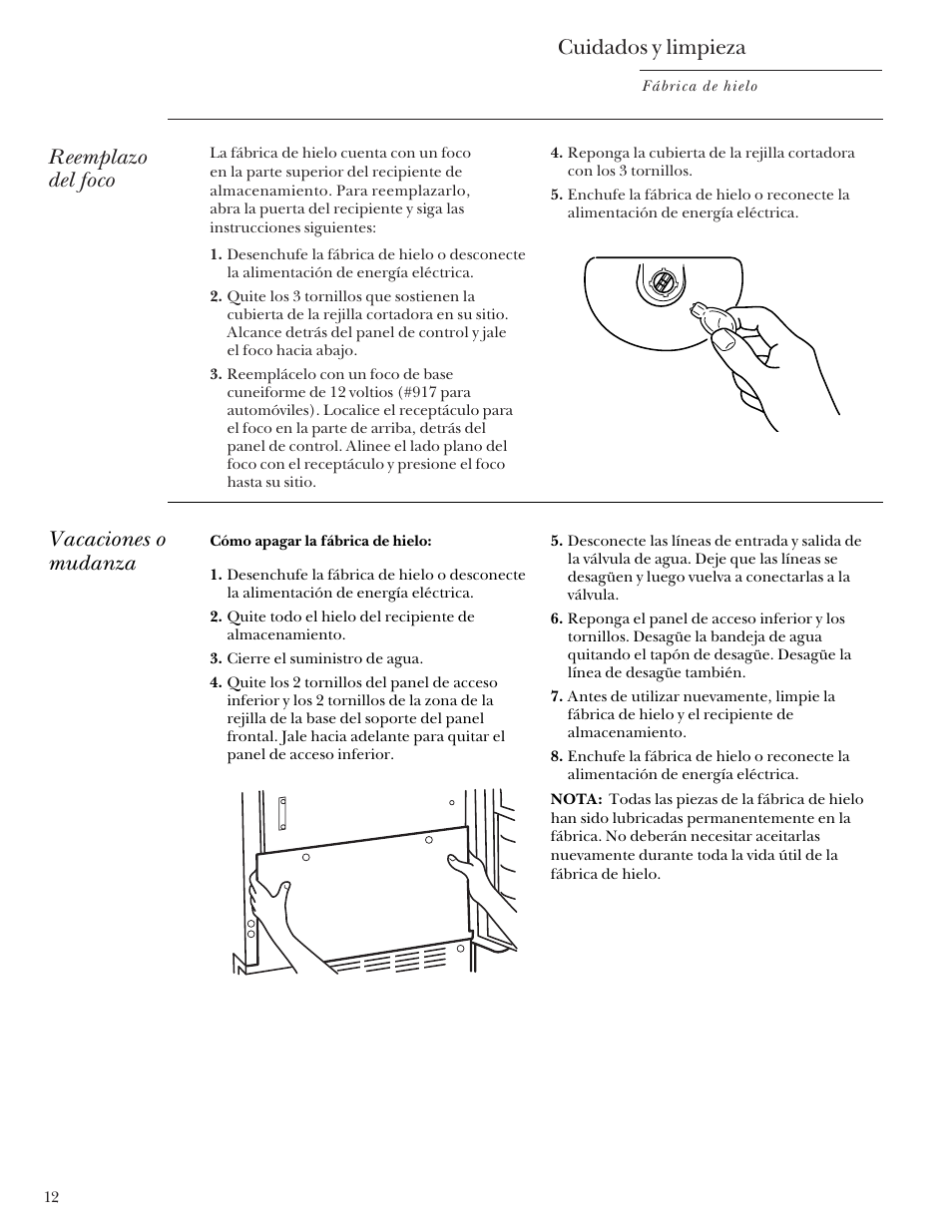 Cuidados y limpieza, Reemplazo del foco, Vacaciones o mudanza | GE Monogram ZDIS15 User Manual | Page 40 / 46